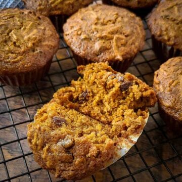 a close-up photo of a split open molasses bran muffin