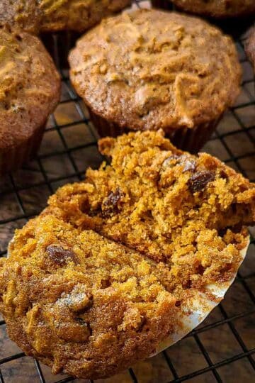 a close-up photo of a split open molasses bran muffin
