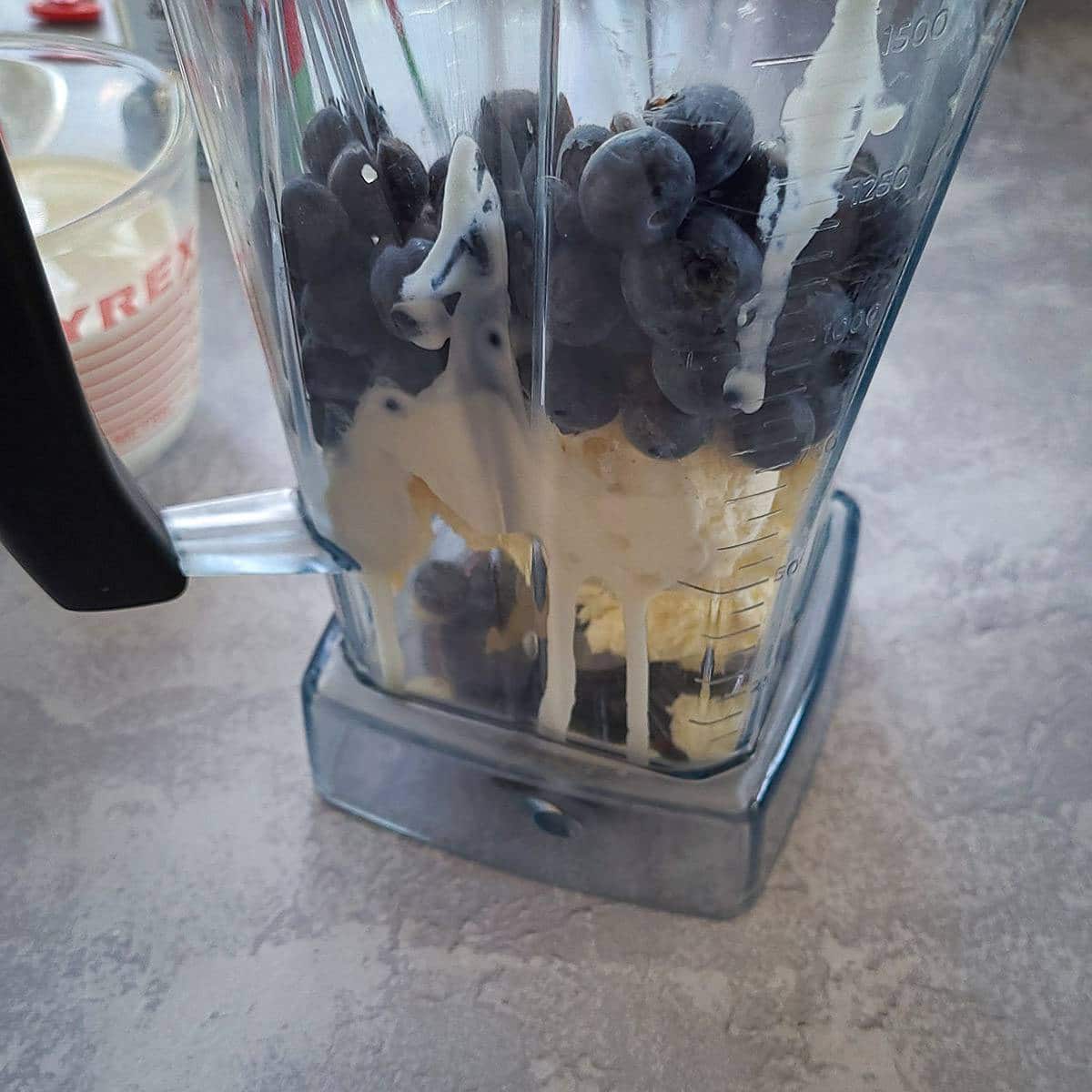 vanilla ice cream and blueberries in a blender