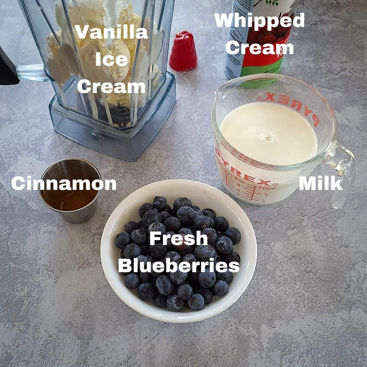 labeled ingredients shown for a blueberry milkshake