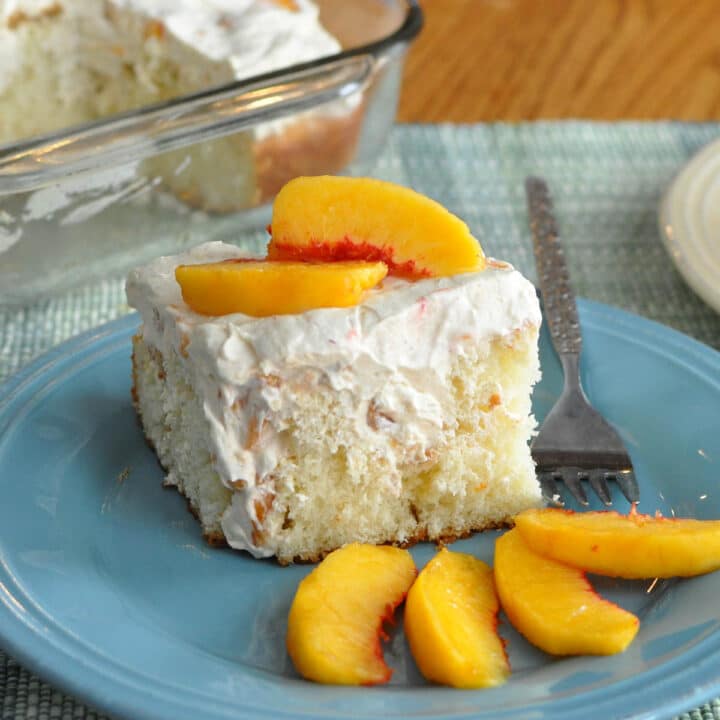 Peaches and Cream Poke Cake - Cook This Again Mom