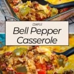 Simple Bell Pepper Casserole made with ground meat, rice, bell peppers, and melted cheese in a glass baking dish, served on a spoon.