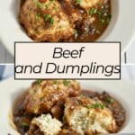 Two plates of beef and dumplings stew, garnished with parsley; one dumpling cut open with a fork.