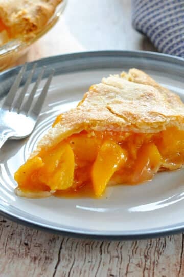 a slice of peach pie on a white and blue plate
