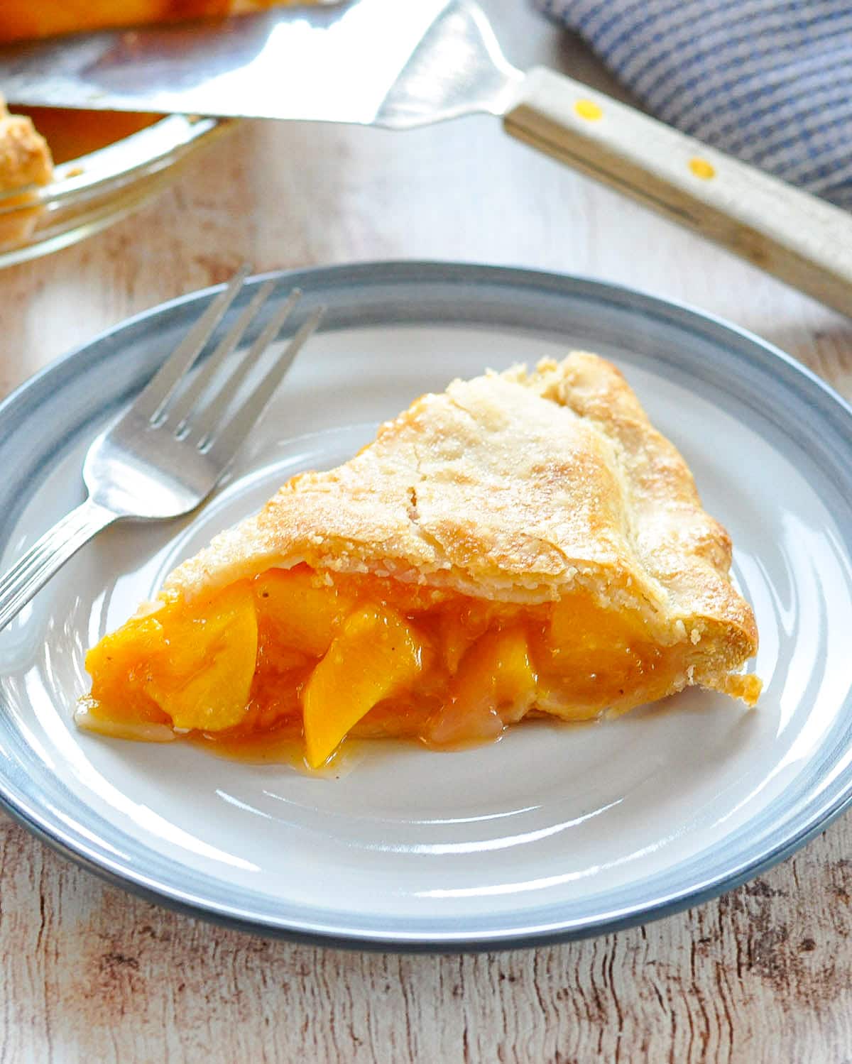 a slice of peach pie on a white and blue plate