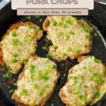 Four cheese pork chops garnished with green onions in a black skillet, perfect for an easy cheesy pork chops recipe and a quick dinner, with a recipe title above.
