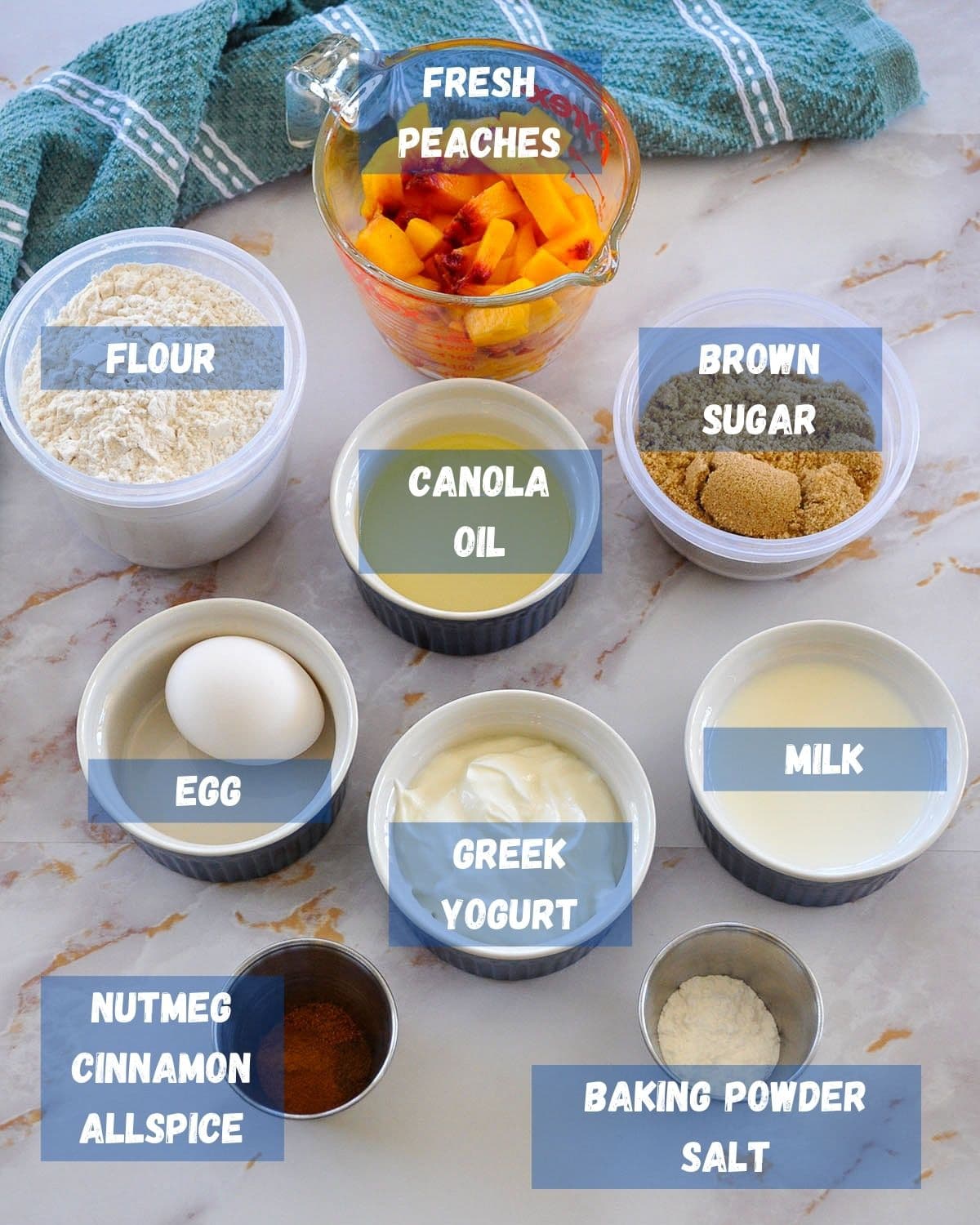 ingredients with labels needed for peach muffins