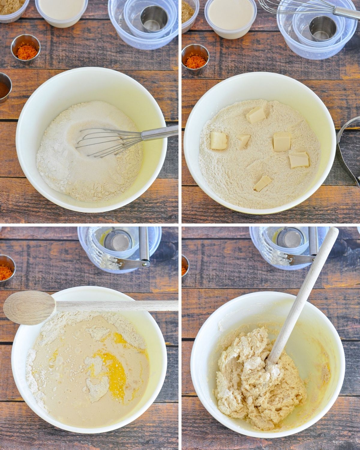 a four picture collage of the process of making dough for honey buns.