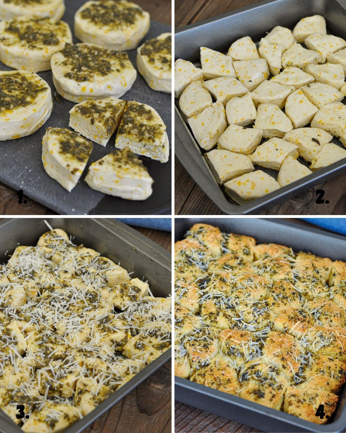 a 4 picture collage of visual directions for making pesto rolls.