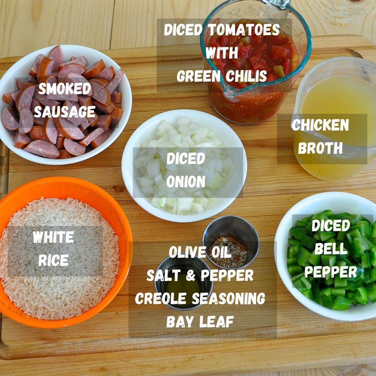 labeled ingredients photo for sausage jambalaya.