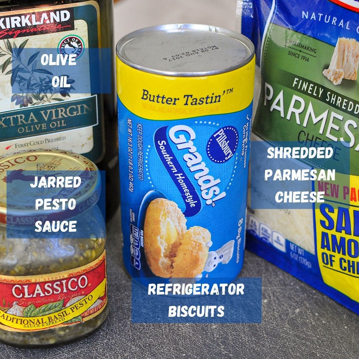 a labeled photo of ingredients used in pesto biscuits.
