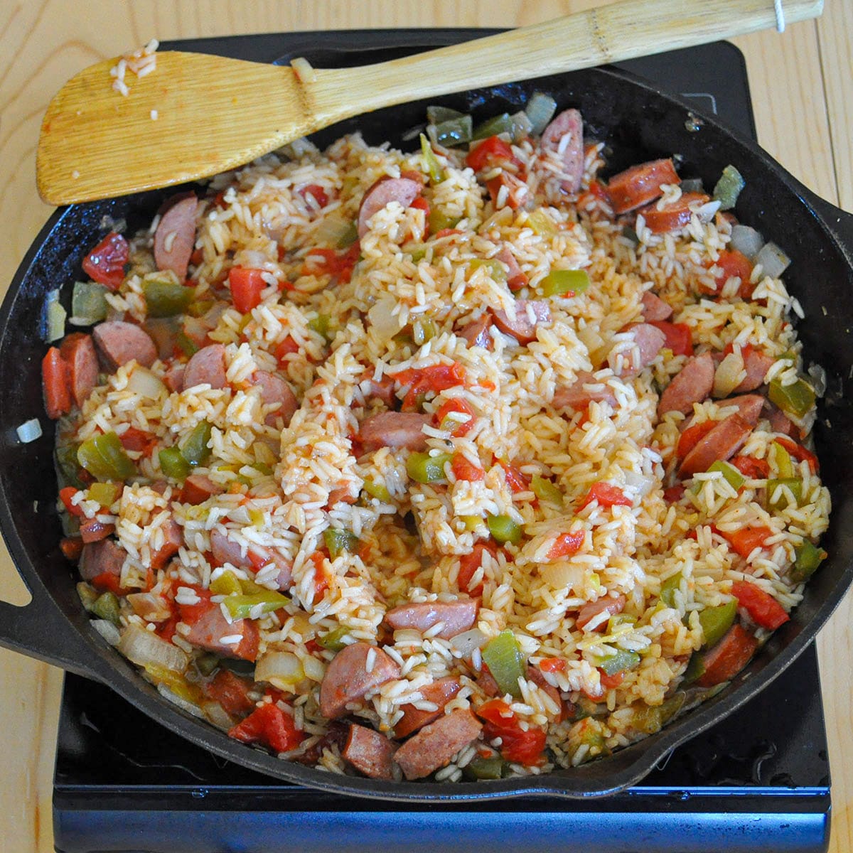 just cooked sausage and rice in a cast iron skillet. 