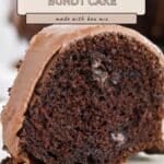 A slice of rich Chocolate Espresso Bundt Cake with glossy chocolate glaze sits on a white plate.
