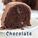 Slice of Chocolate Espresso Bundt Cake with rich chocolate frosting on a plate, text reads "Chocolate Espresso Bundt Cake Delight.
