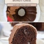 Chocolate Espresso Bundt Cake with rich chocolate glaze being poured, and a close-up of a sliced piece on a plate.