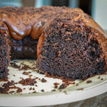 a chocolate bundt cake with several slices removed.