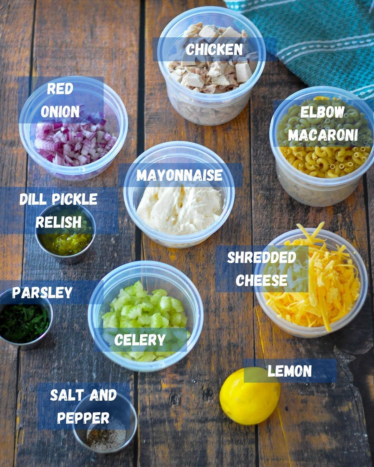 A labeled picture of ingredients for chicken macaroni salad. 