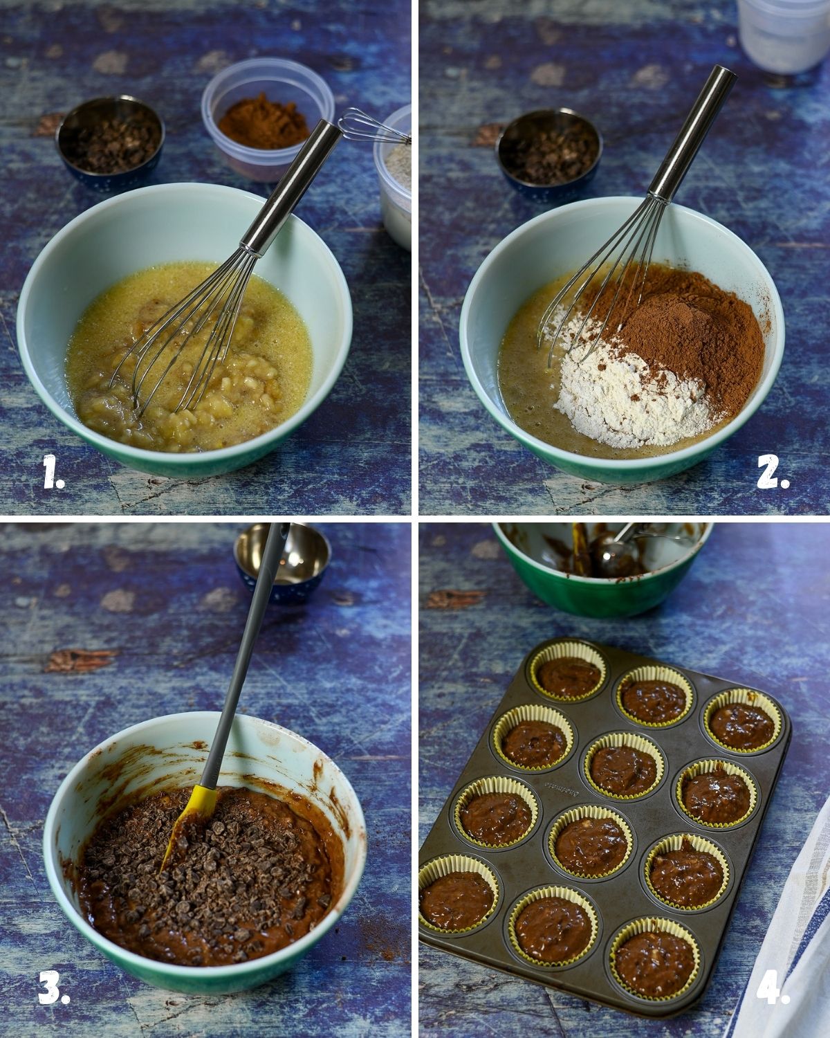 a four picture collage showing the process of making chocolate banana muffins. 