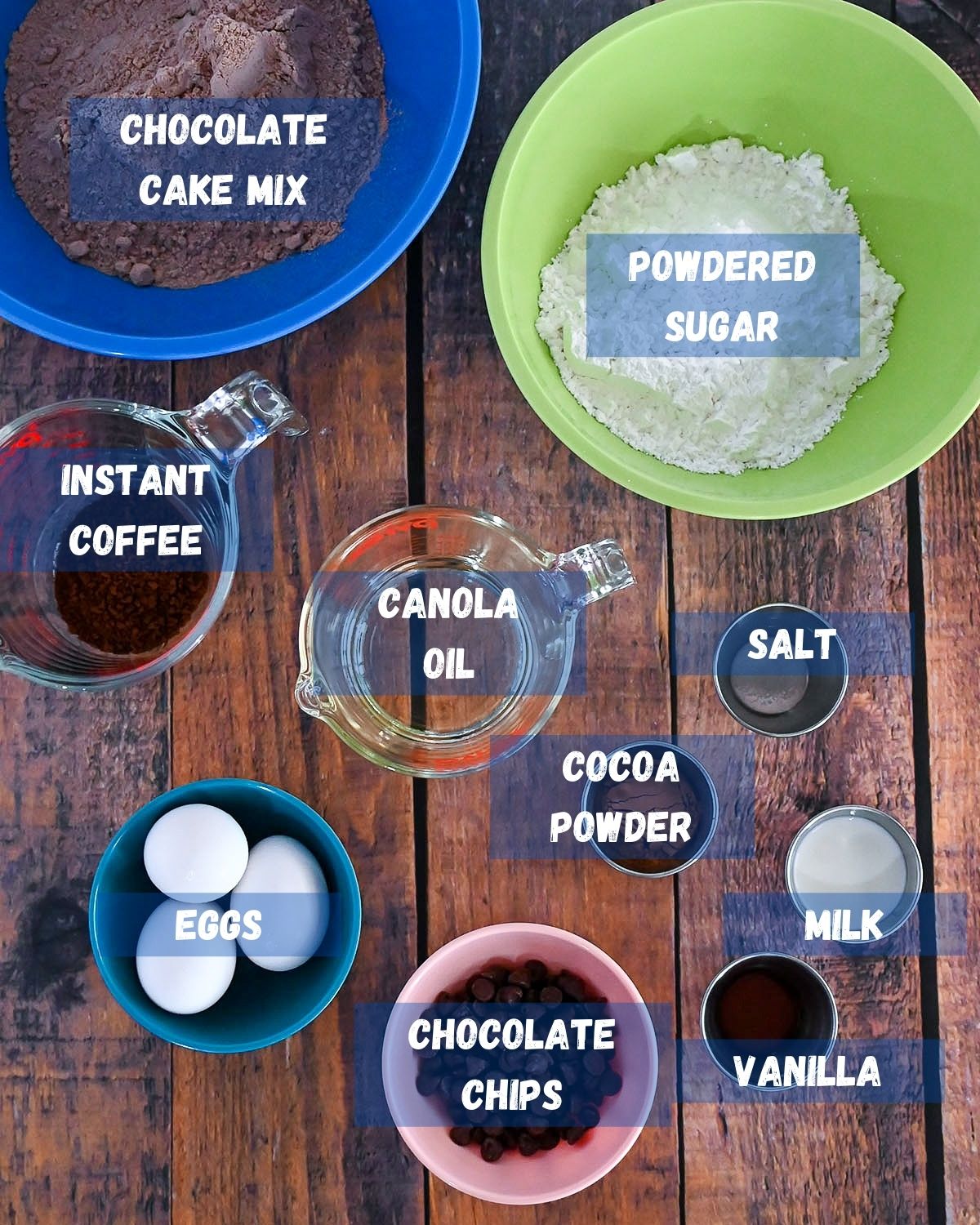 a label photo of ingredients for chocolate espresso cake. 