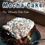 A slice of easy chocolate poke cake topped with whipped cream and chocolate shavings rests on a plate, while the baking tray awaits in the background.