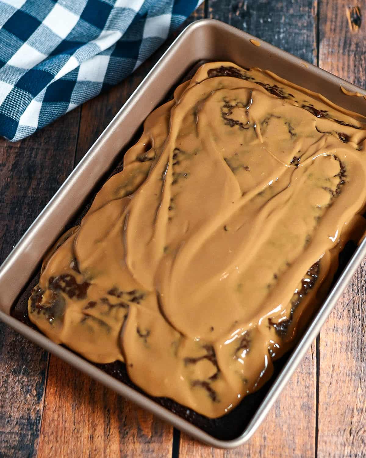 Coffee flavored pudding poured over chocolate cake.