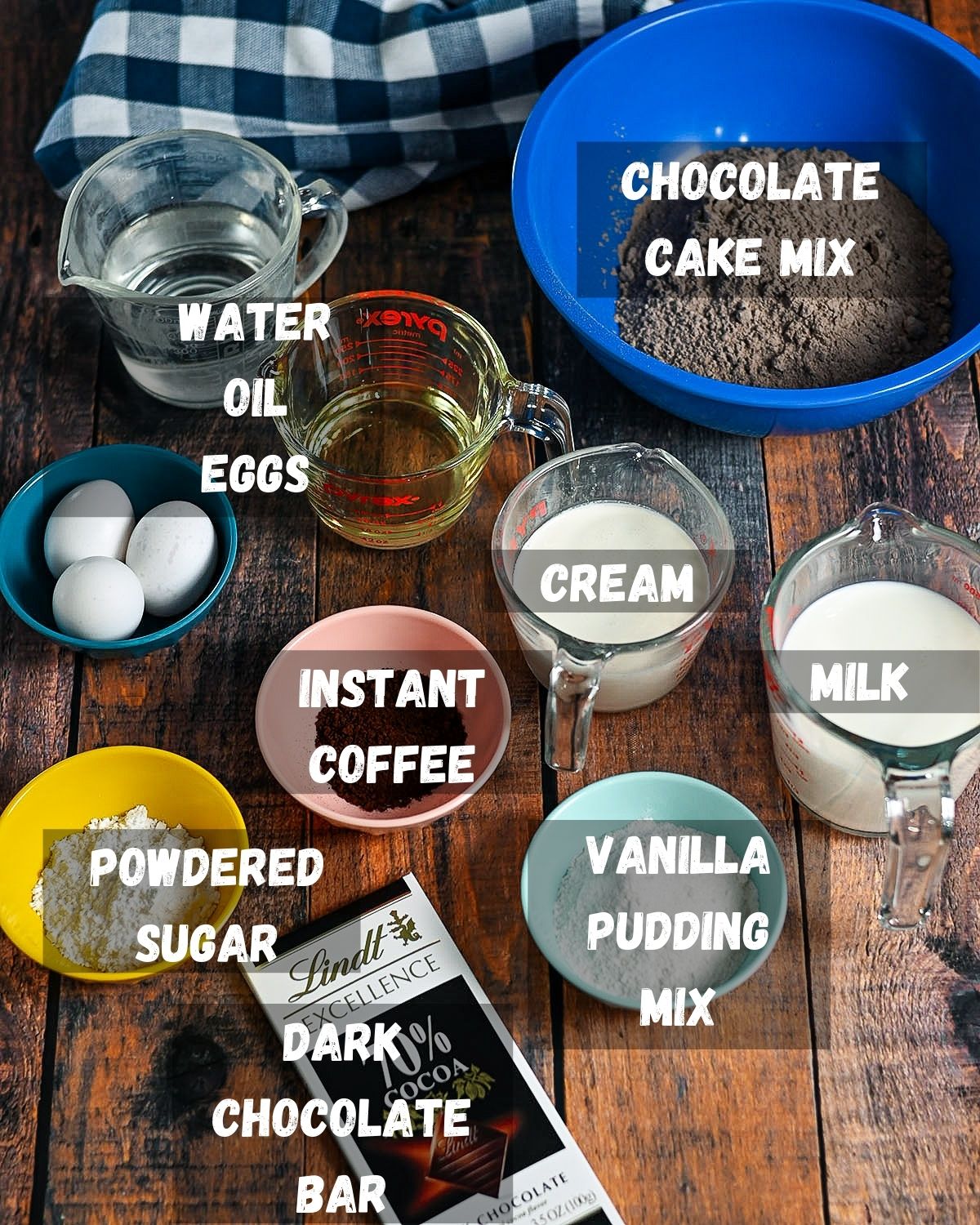 a labeled photo showing ingredients for making mocha poke cake.