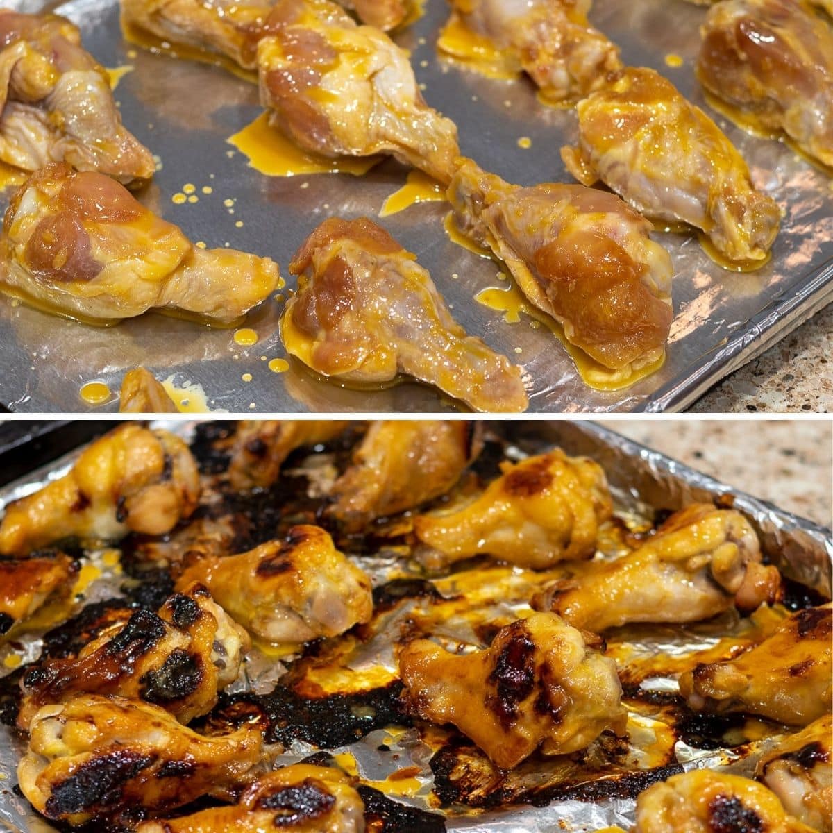 A before and after cooking picture of orange ginger chicken wings. 
