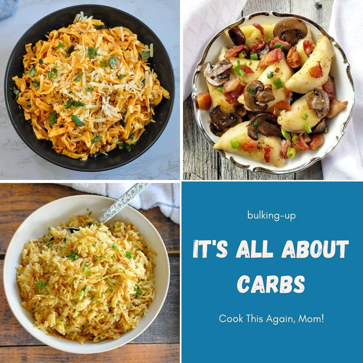 three photo collage for it's all about carbs posts.