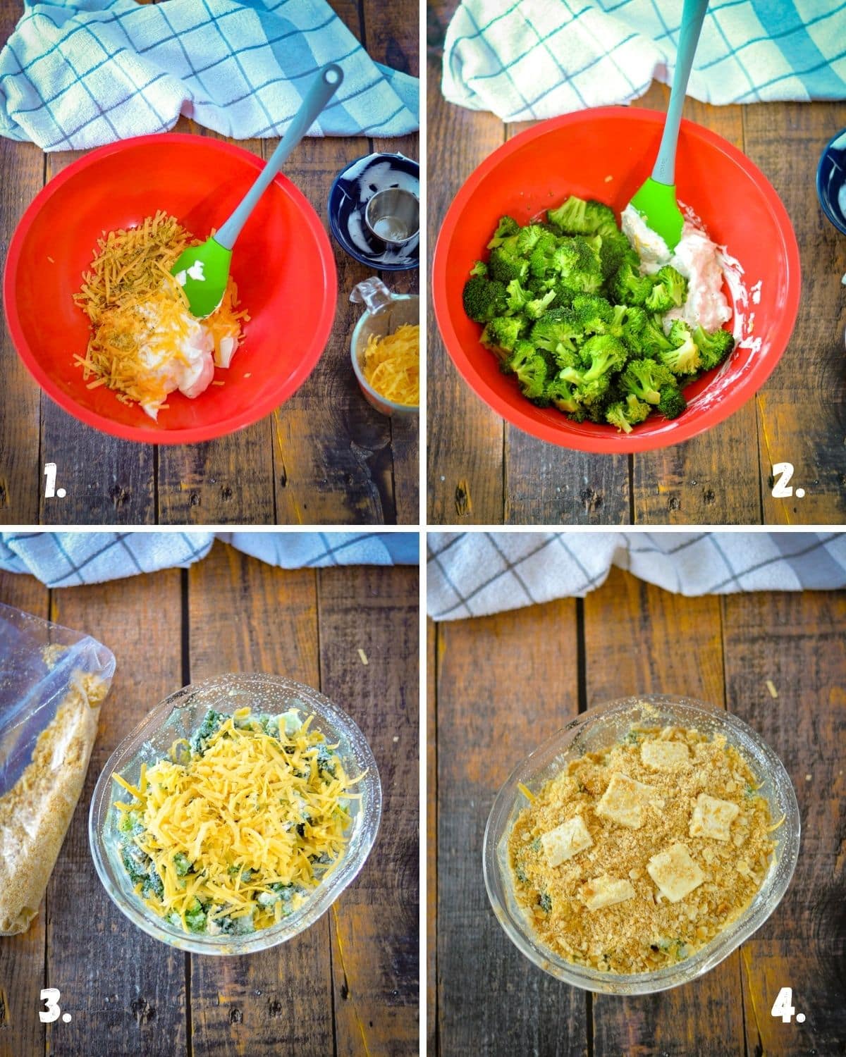 A 4 photo collage showing the process to make broccoli casserole. 