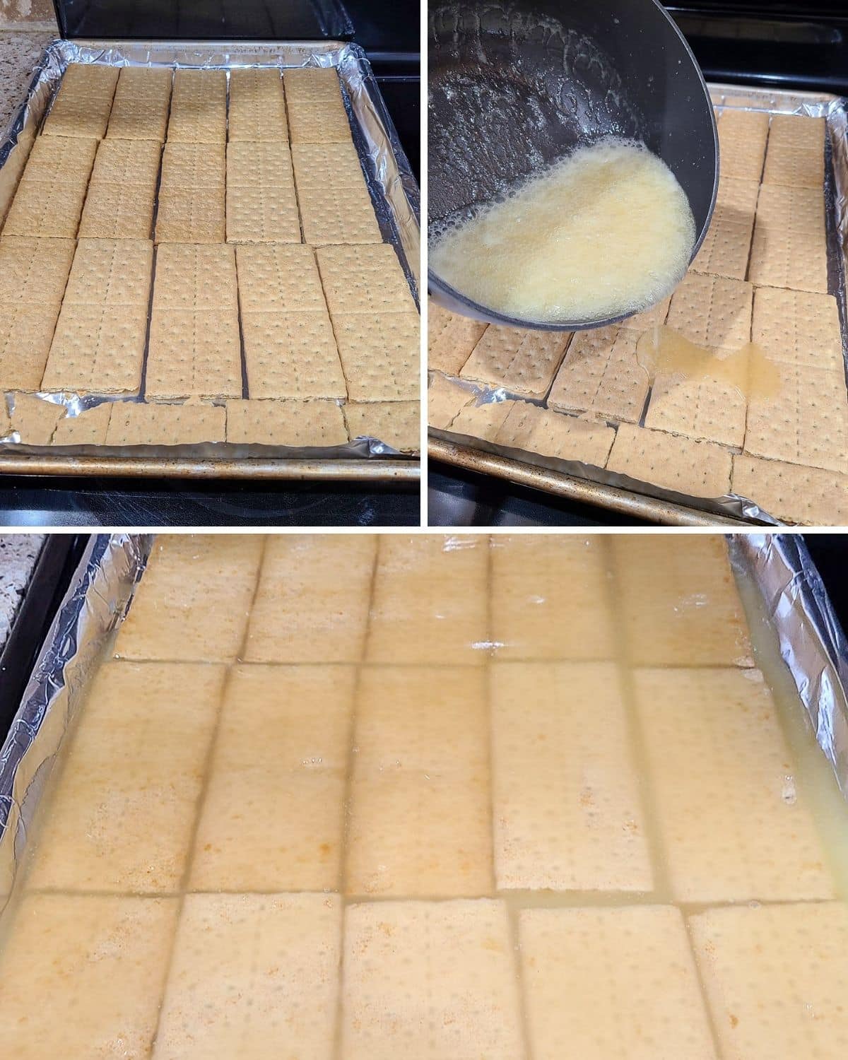 A collage of photos showing the process of making graham cracker crunch. 