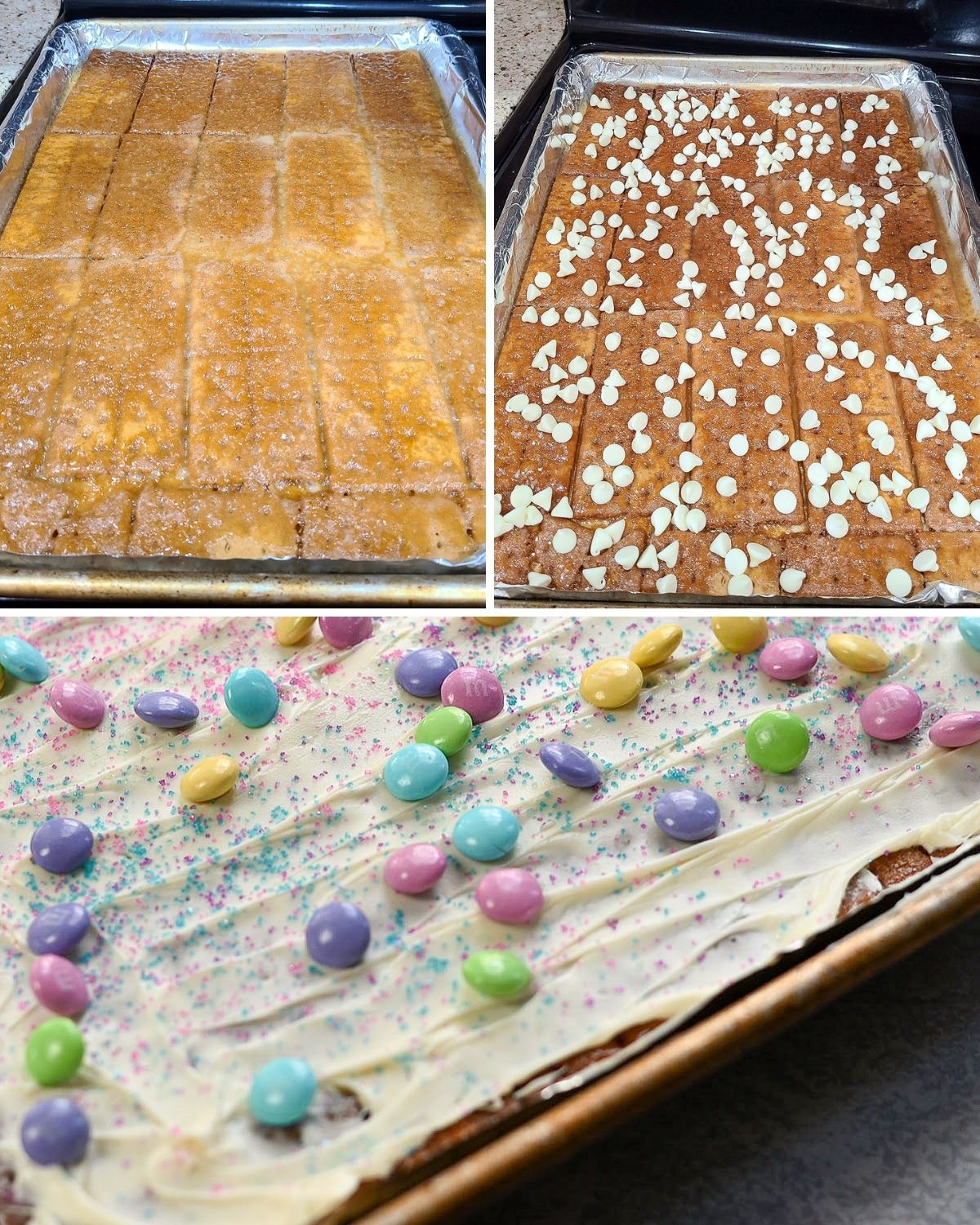 A collage of photos showing the process of making graham cracker crunch.