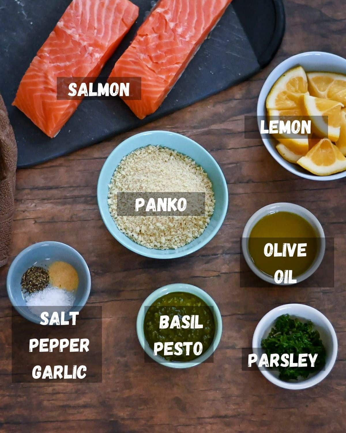 Measured ingredients for panko pesto salmon.
