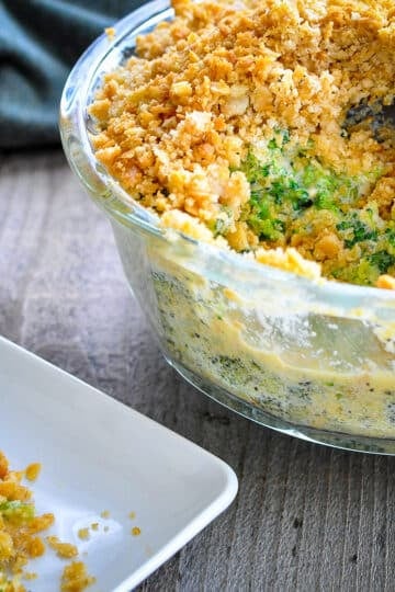 A close up photo of broccoli casserole.