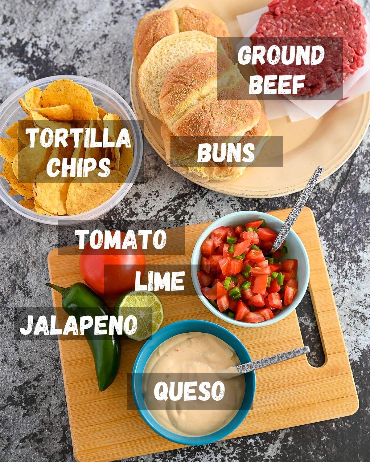 A labeled photo showing the ingredients for nacho burgers.