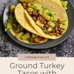 Three Ground Turkey Tacos with Pineapple Salsa are served on a gray plate, set atop a textured surface.