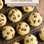 Banana Chocolate Chip Muffins rest on a cooling rack atop a wooden table, with text highlighting the delicious use of overripe bananas for this classic treat.