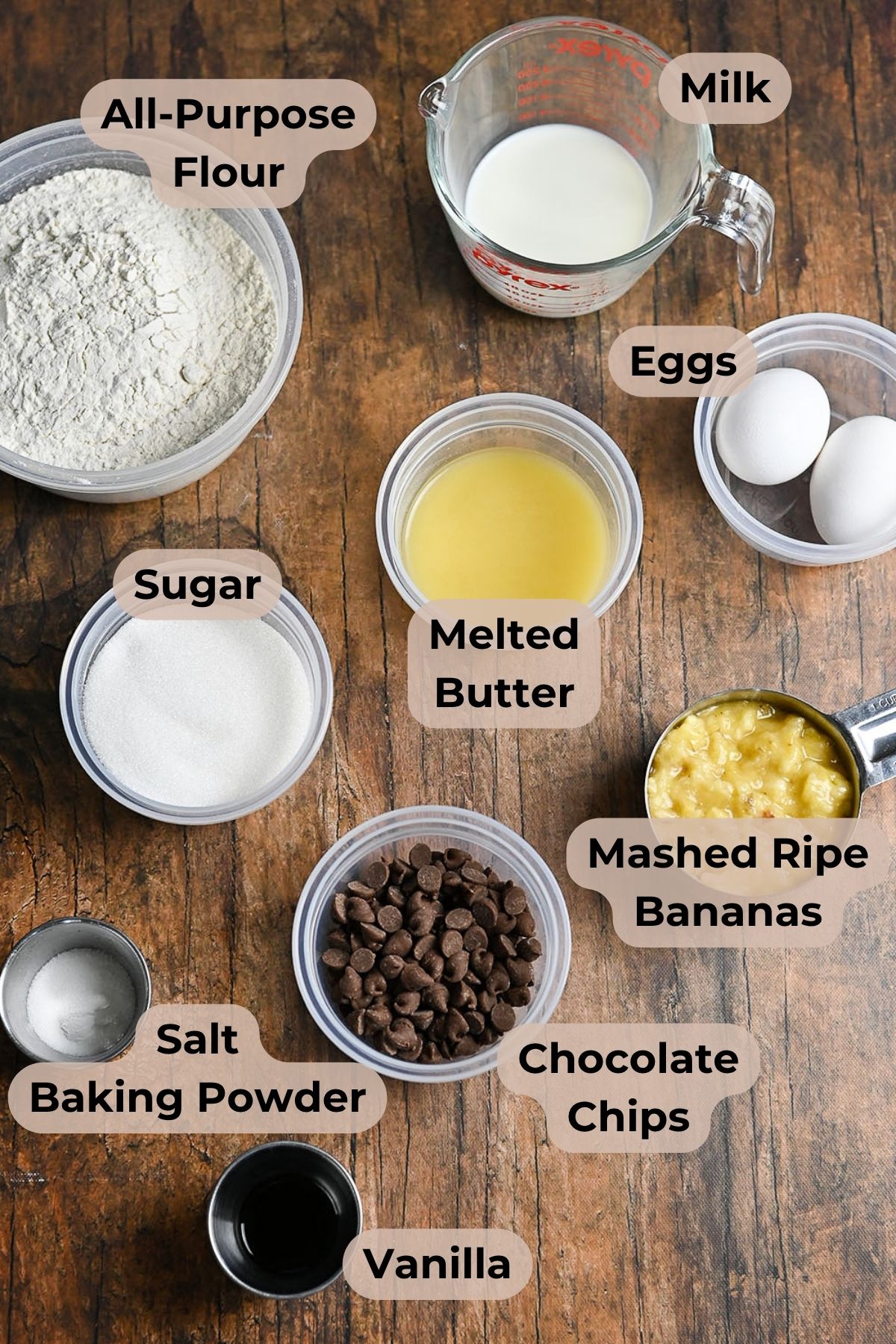 Baking ingredients labeled: flour, sugar, salt, baking powder, butter, eggs, bananas, milk, chocolate chips, vanilla.