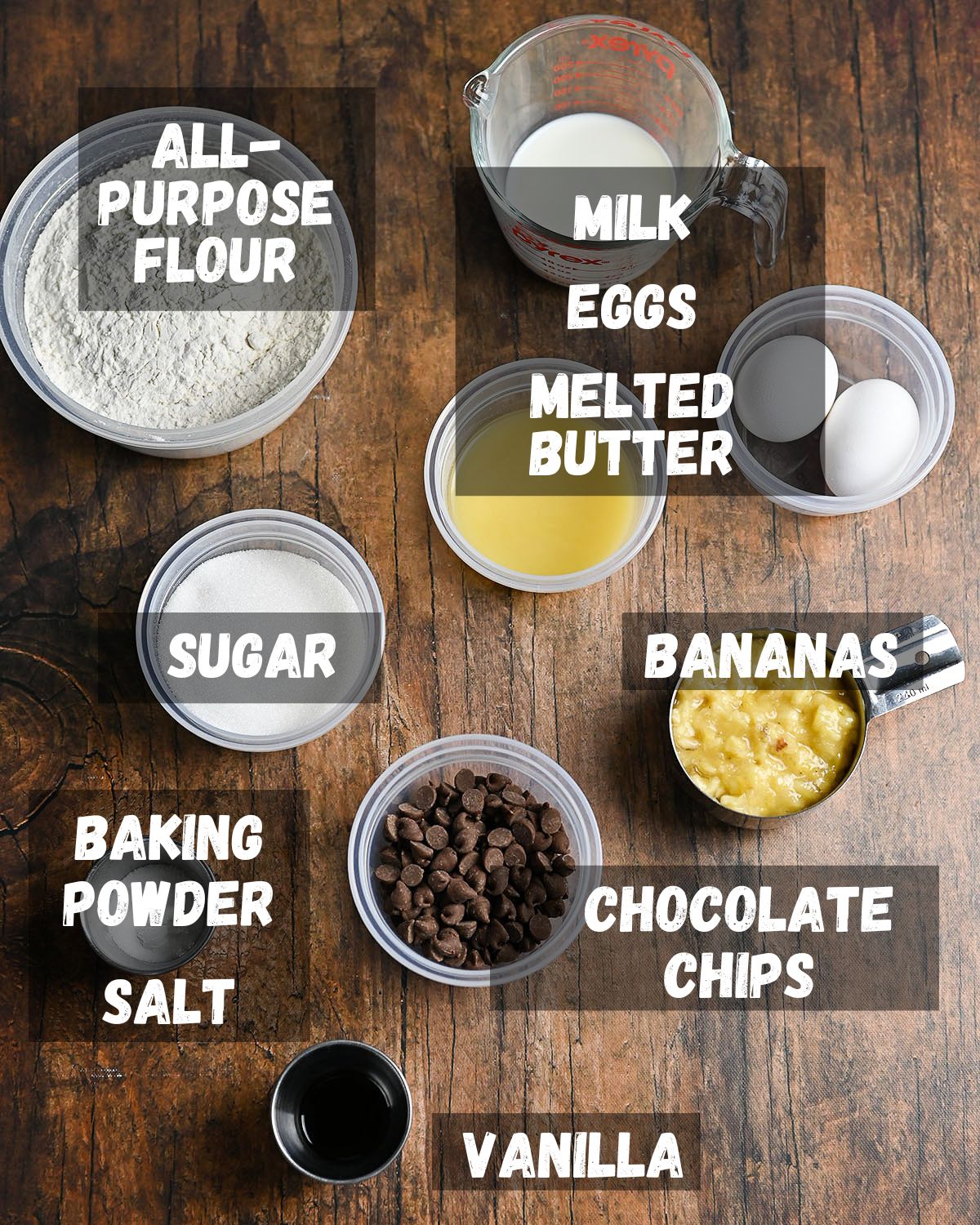 Labeled ingredients to make muffins.