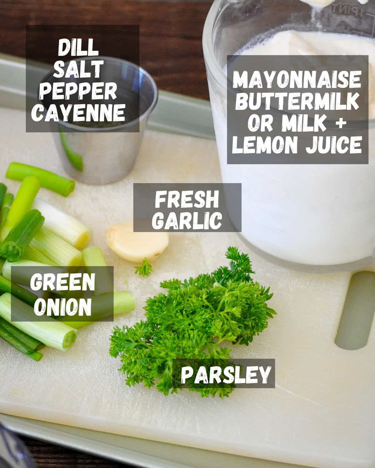 A photo with labeled ingredients for homemade dressing.