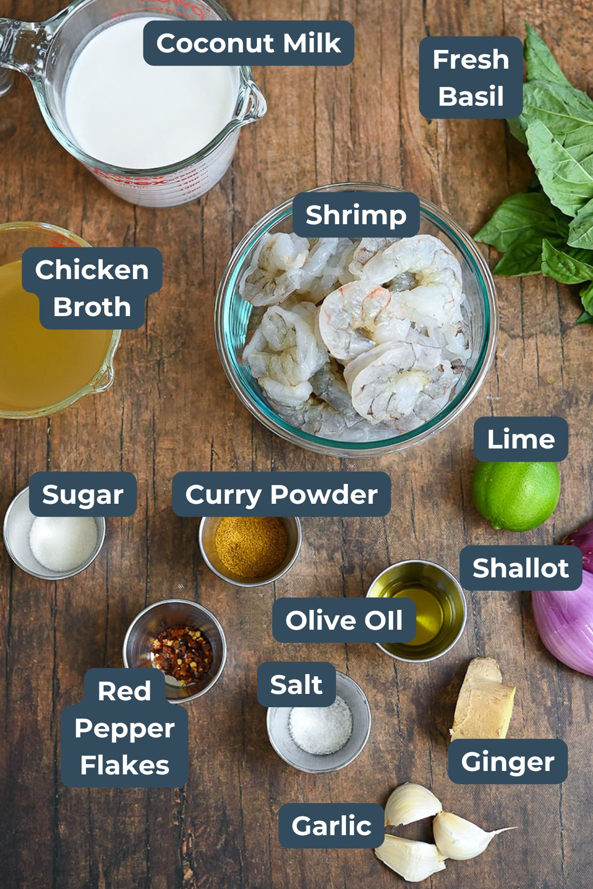 Ingredients for a Simple Shrimp Curry include shrimp, coconut milk, basil, lime, garlic, ginger, olive oil, and curry powder.