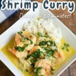 A bowl of simple shrimp curry with rice, garnished with herbs, sits on a wooden table.