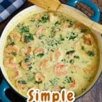 A pot of simple shrimp curry with herbs stands ready, featuring a wooden spoon and a blue checkered cloth nearby.