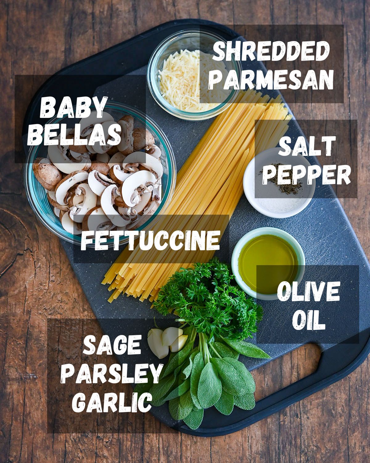 Ingredients labeled for mushrooms and pasta. 