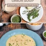 Bowl of creamy onion soup garnished with herbs, surrounded by fresh herbs and ingredients for cream of onion soup on a wooden table, perfect for those looking to learn how to make cream of onion soup at home.