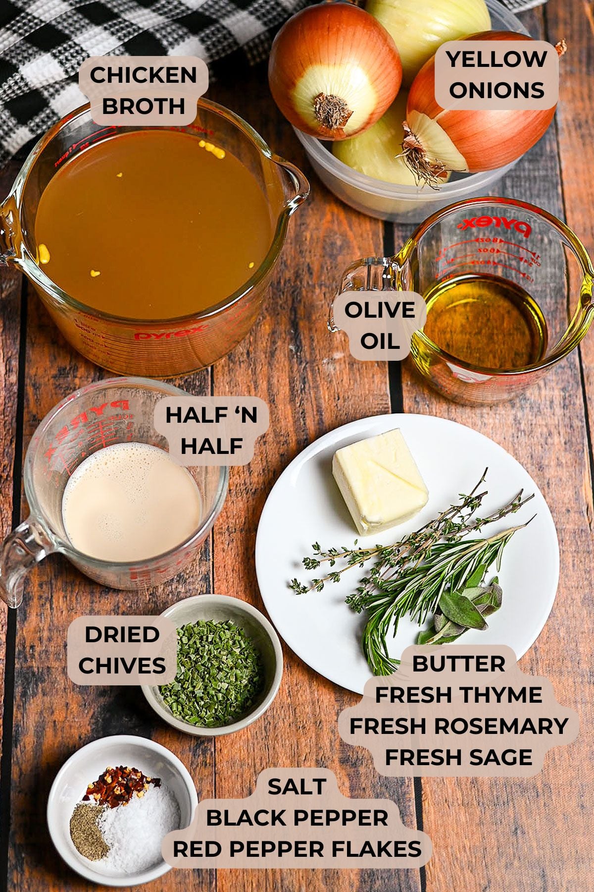 Ingredients for homemade cream of onion soup: chicken broth, onions, olive oil, half 'n half, butter, herbs, spices, and seasonings.