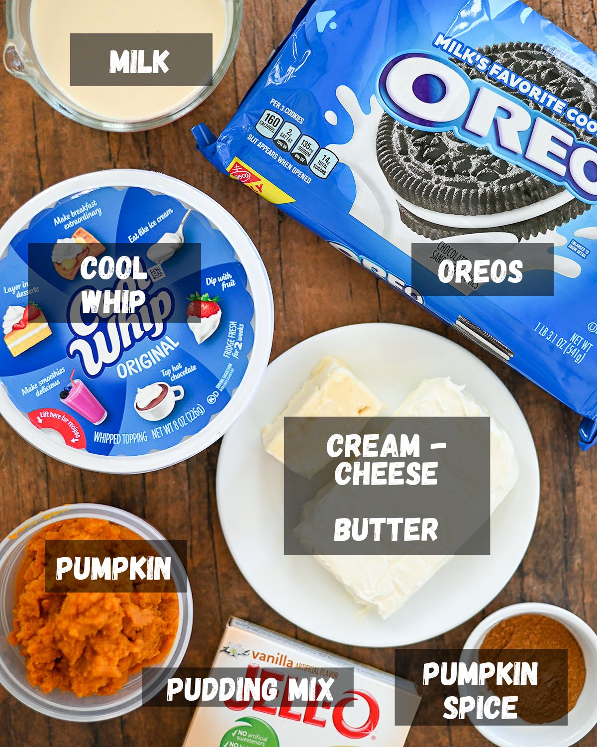 Labeled photo showing ingredients for pumpkin cream cheese pie.