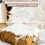 A slice of old-fashioned applesauce cake with white icing sits on a plate, highlighting the classic Applesauce Cake Recipe, while a cake pan rests in the background.
