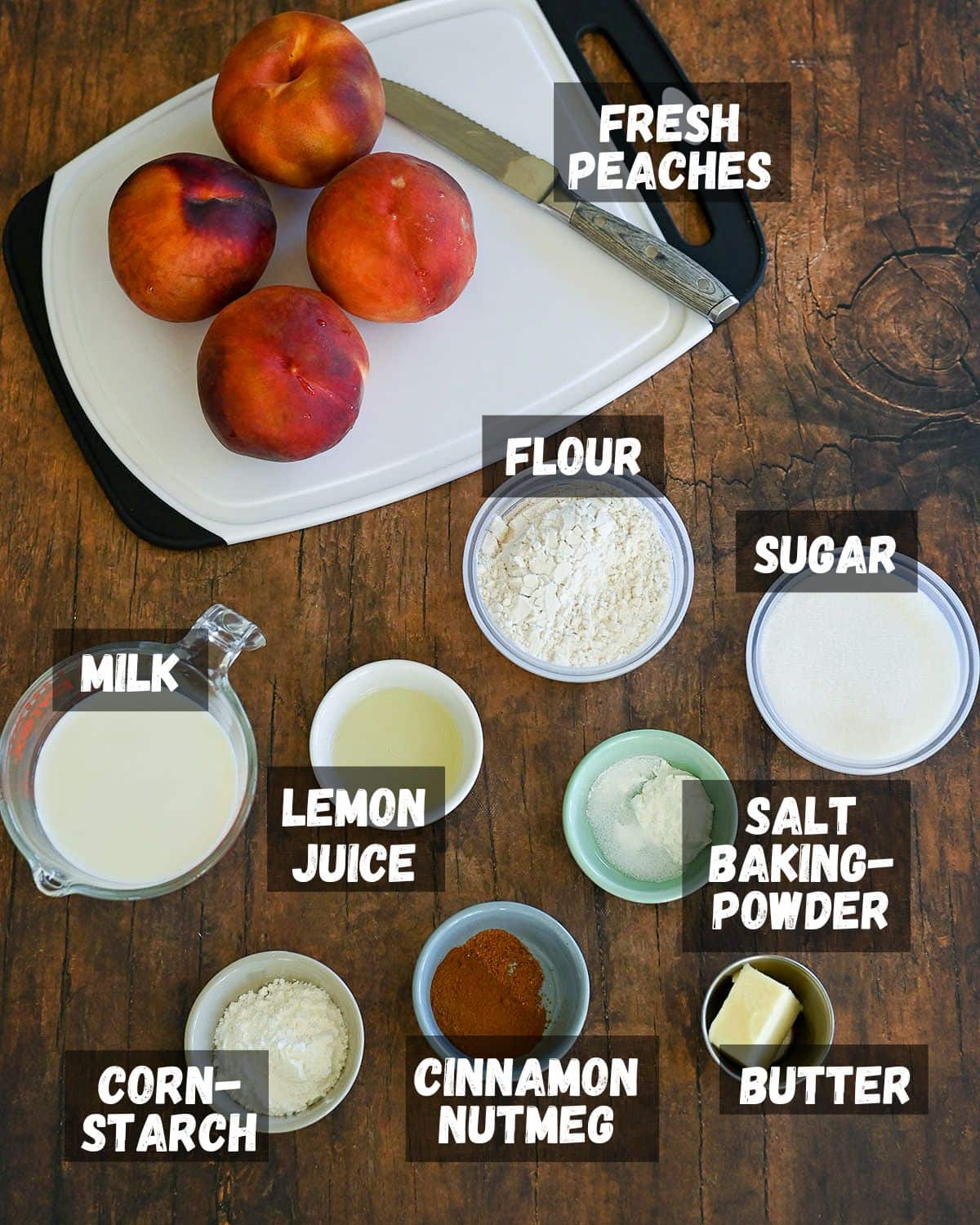 Ingredients shown for making peach cobbler. 