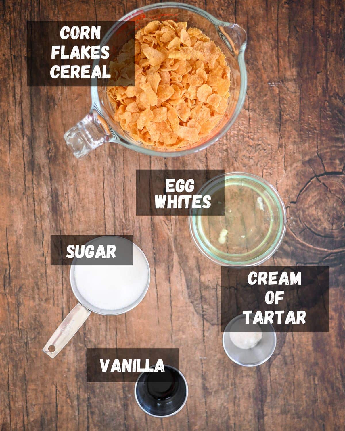 Ingredients for corn flake meringue cookies. 