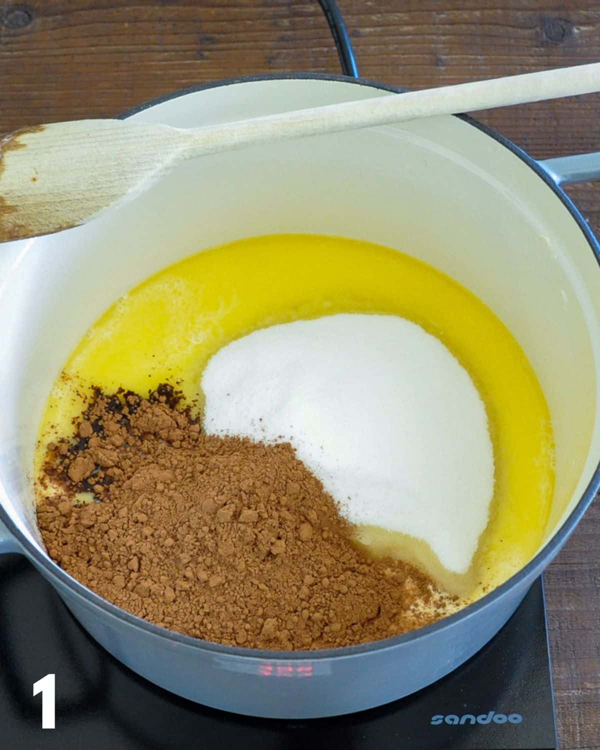 Butter, sugar and coco powder in a saucepan. 